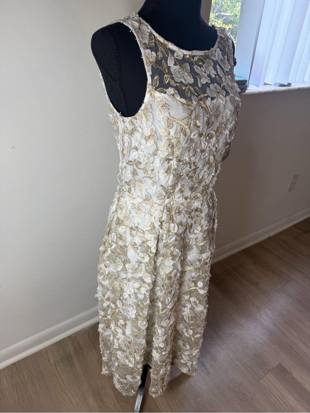 Adrianna Papell Ivory Midi Dress with Gold Floral Embroidery - Picture 7 of 10